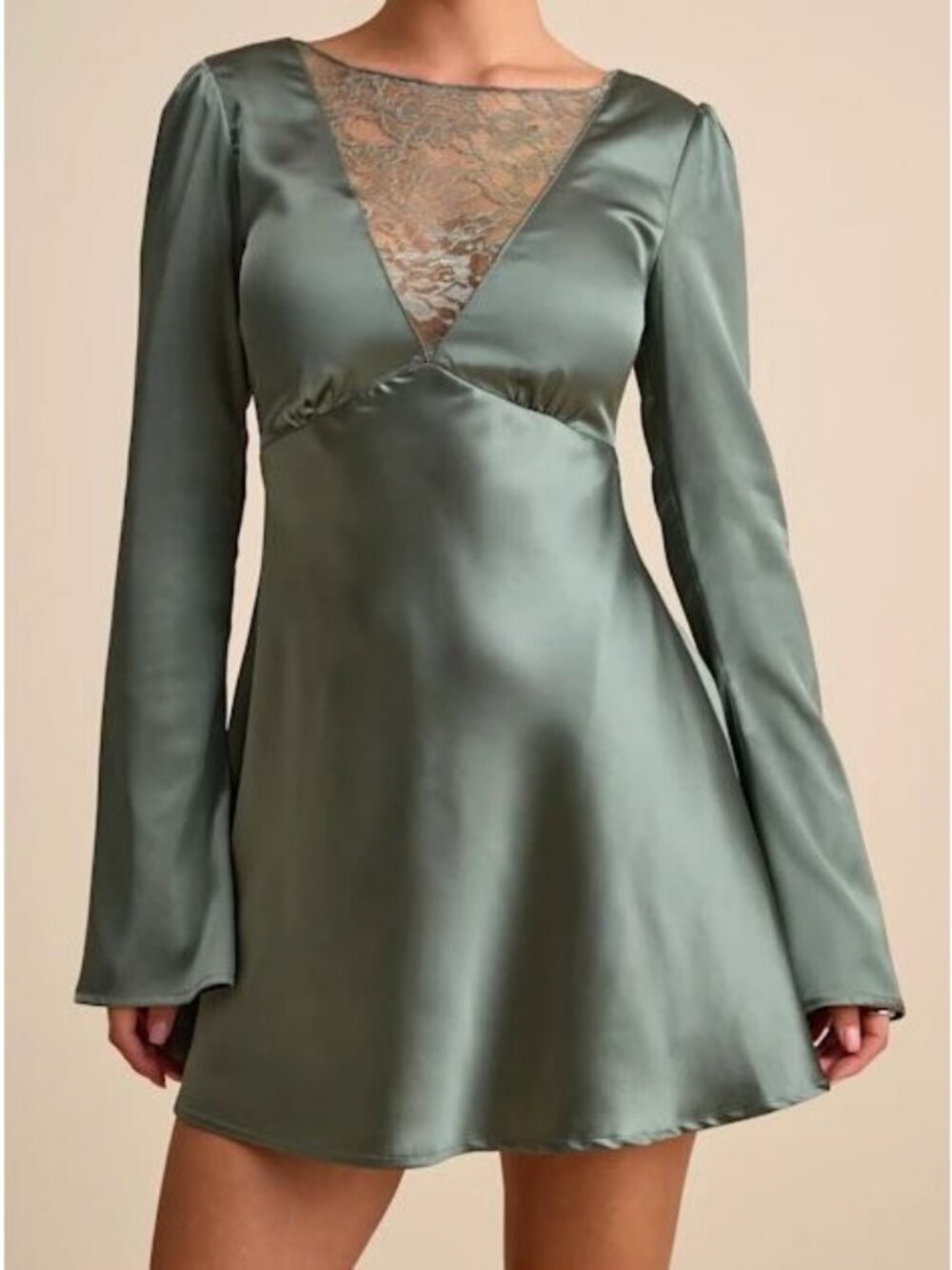 Lulus Emberlyn Sage Green Satin Lace Long Sleeve Mini Dress Size XL NWOT